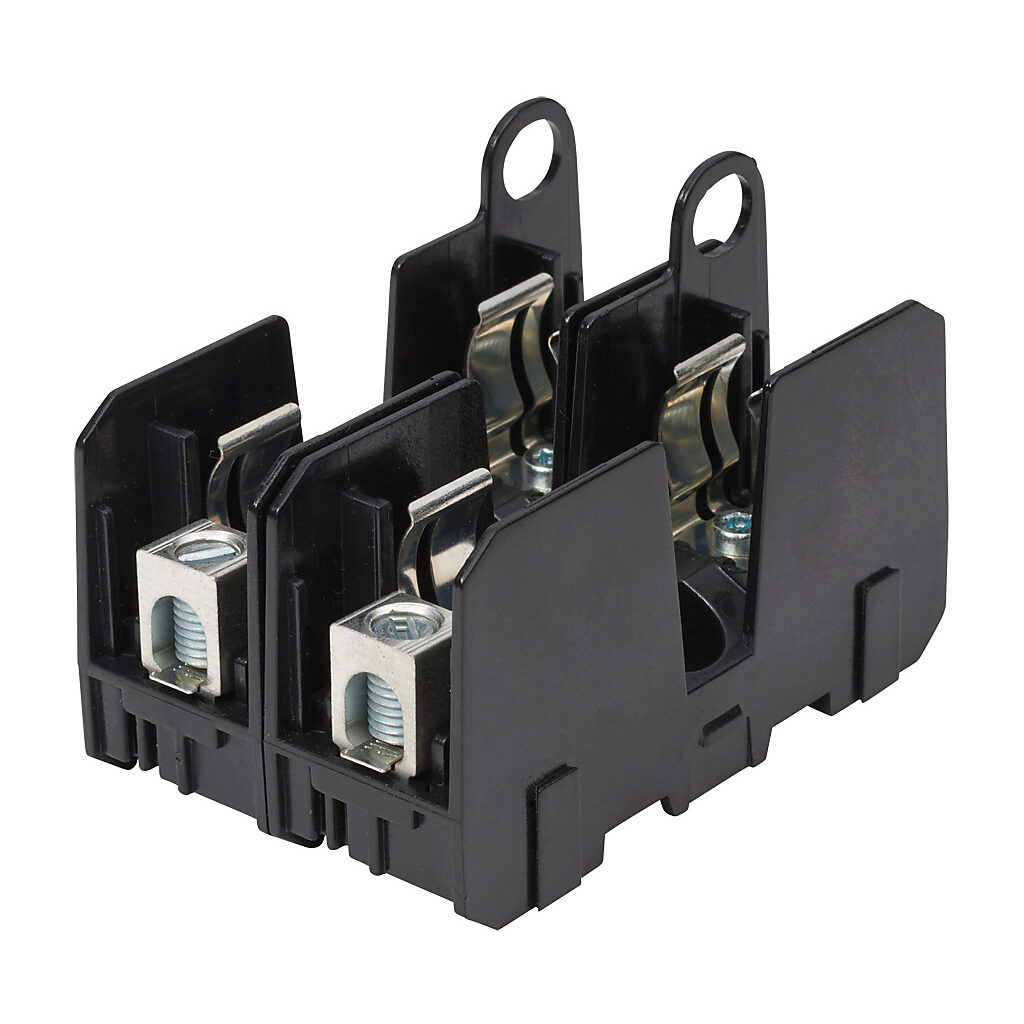 JM60030-2CR - Bussmann modular fuse block, accepts J fuses, 30A, 600V, 2-pole, 14-2 AWG copper or 8-2 AWG aluminum, box lug, 35mm DIN rail or panel mount.
