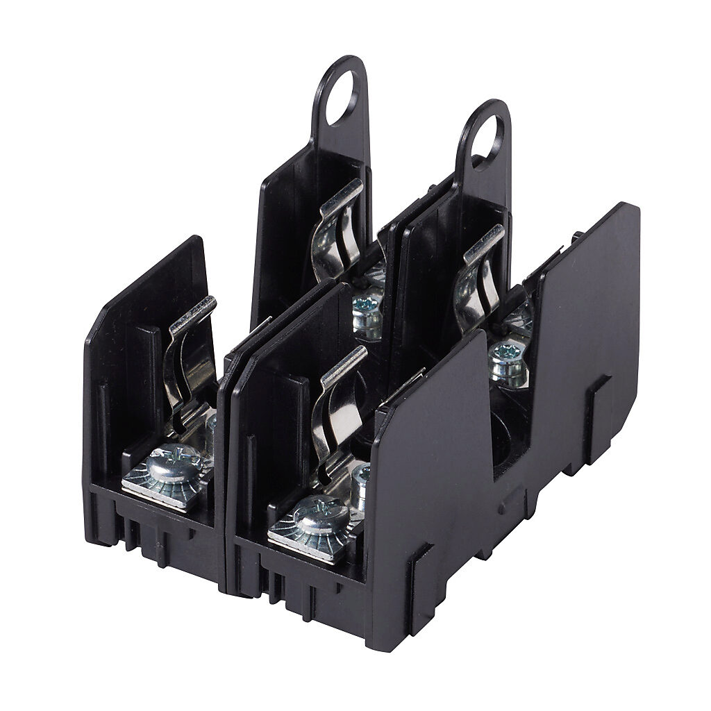 JM60030-2PR - Bussmann modular fuse block, accepts J fuses, 30A, 600V, 2-pole, 18-10 AWG copper only, screw with pressure plate, 35mm DIN rail or panel mount.