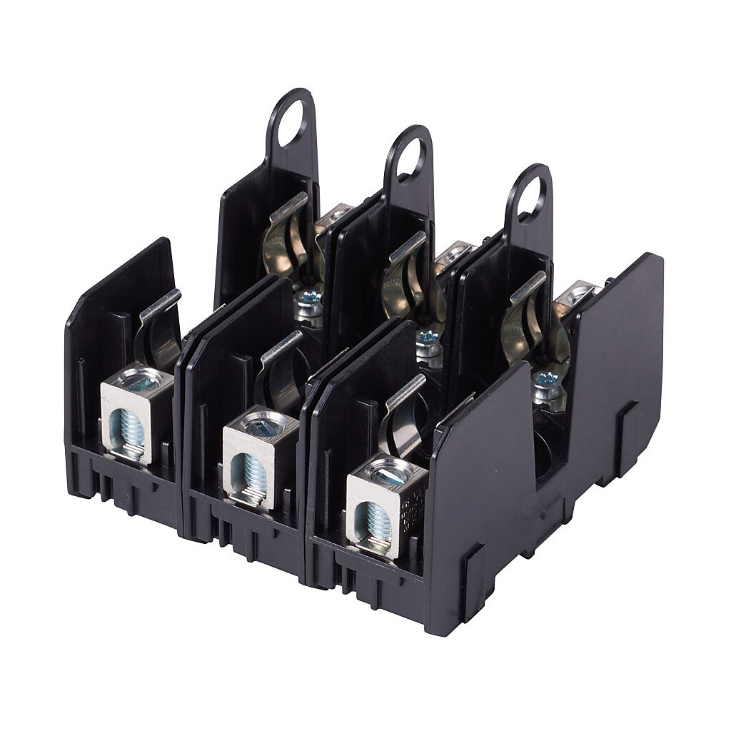 JM60030-3CR - Bussmann modular fuse block, accepts J fuses, 30A, 600V, 3-pole, 14-2 AWG copper or 8-2 AWG aluminum, box lug, 35mm DIN rail or panel mount.