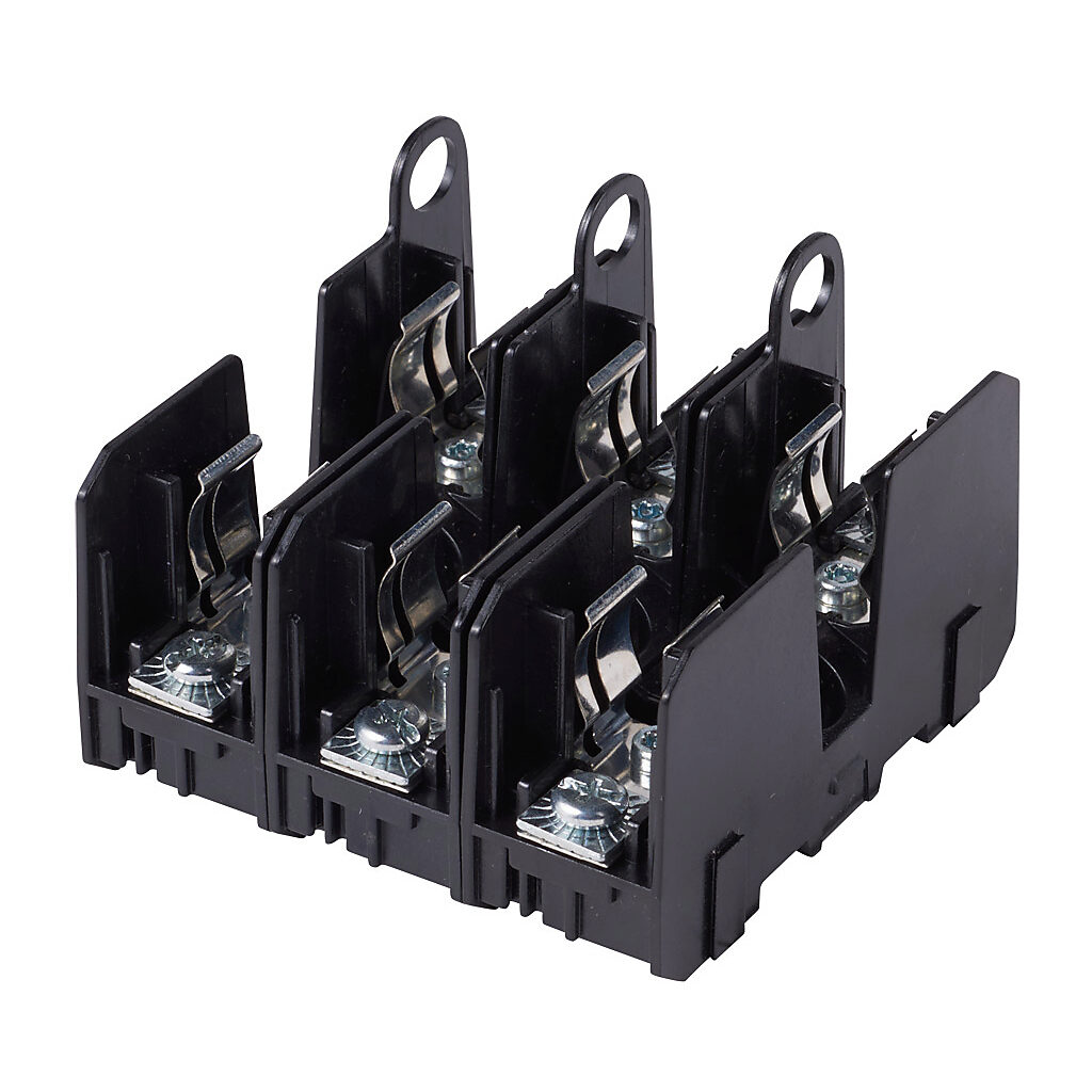 JM60030-3PR - Bussmann modular fuse block, accepts J fuses, 30A, 600V, 3-pole, 18-10 AWG copper only, screw with pressure plate, 35mm DIN rail or panel mount.