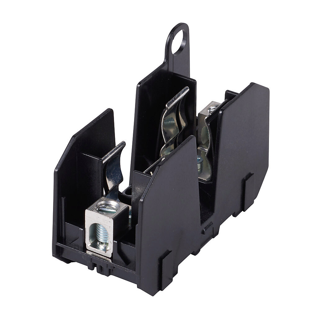JM60060-1CR - Bussmann modular fuse block, accepts J fuses, 60A, 600V, 1-pole, 14-2 AWG copper or 8-2 AWG aluminum, box lug, 35mm DIN rail or panel mount.