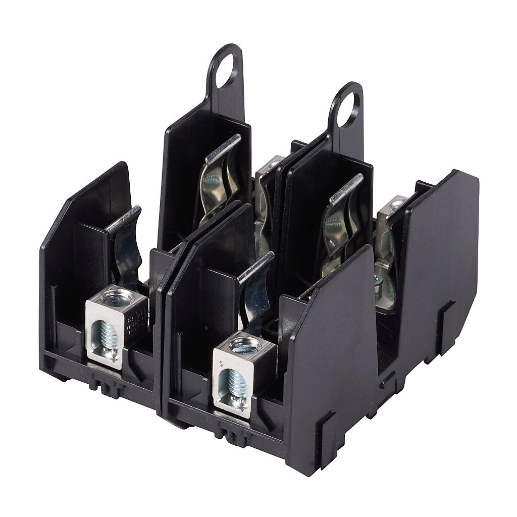 JM60060-2CR - Bussmann modular fuse block, accepts J fuses, 60A, 600V, 2-pole, 14-2 AWG copper or 8-2 AWG aluminum, box lug, 35mm DIN rail or panel mount.