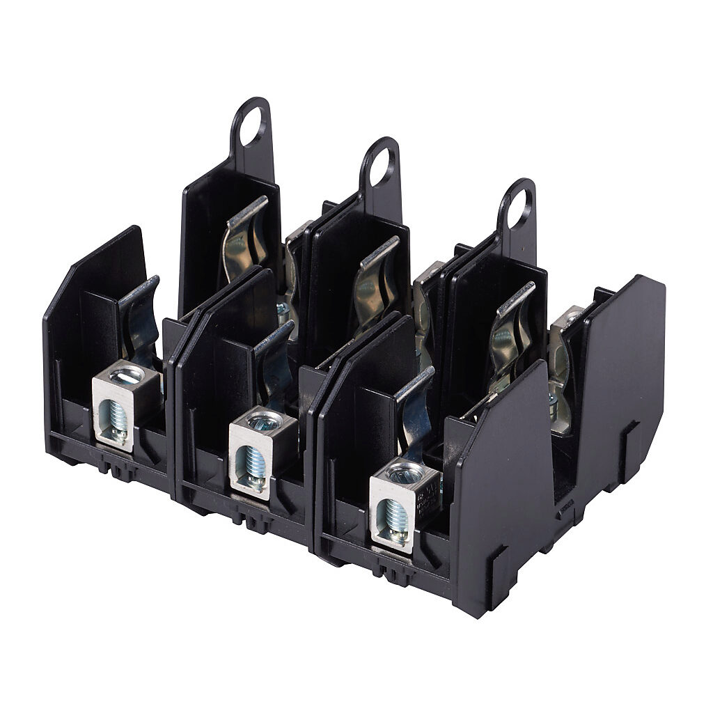 JM60060-3CR - Bussmann modular fuse block, accepts J fuses, 60A, 600V, 3-pole, 14-2 AWG copper or 8-2 AWG aluminum, box lug, 35mm DIN rail or panel mount.
