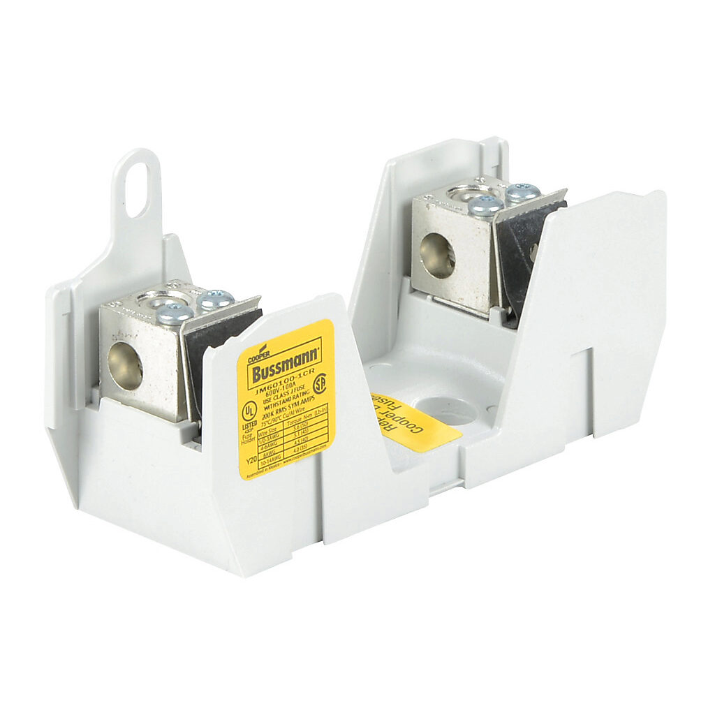 JM60100-1CR-1 - Bussmann modular fuse block, accepts J fuses, 100A, 600V, 1-pole, 14-1/0 AWG copper or aluminum, box lug, panel mount.