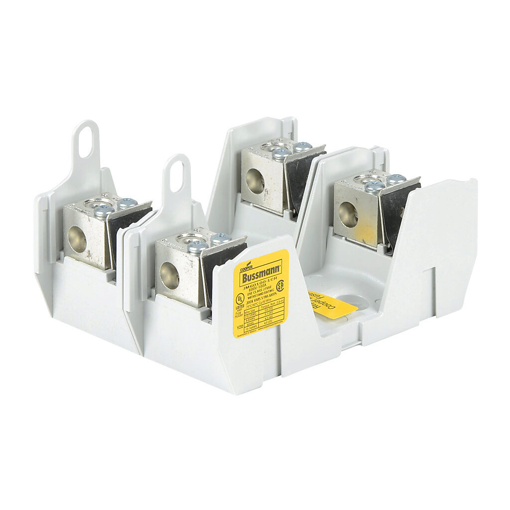 JM60100-1CR-2 - Bussmann modular fuse block, accepts J fuses, 100A, 600V, 2-pole, 14-1/0 AWG copper or aluminum, box lug, panel mount.