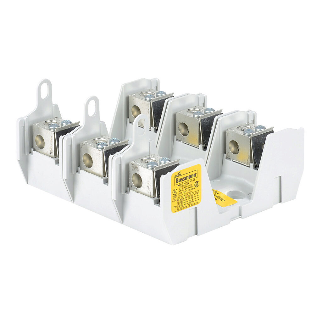 JM60100-1CR-3 - Bussmann modular fuse block, accepts J fuses, 100A, 600V, 3-pole, 14-1/0 AWG copper or aluminum, box lug, panel mount.