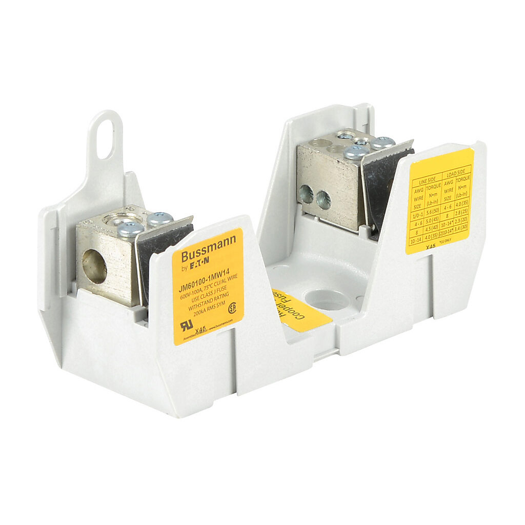 JM60100-1MW14-1 - Bussmann modular power distribution fuse block, multi-wire, accepts J fuses, 100A, 600V, 1-pole, 1 line/4 load opening(s) per pole, box lug, panel mount.