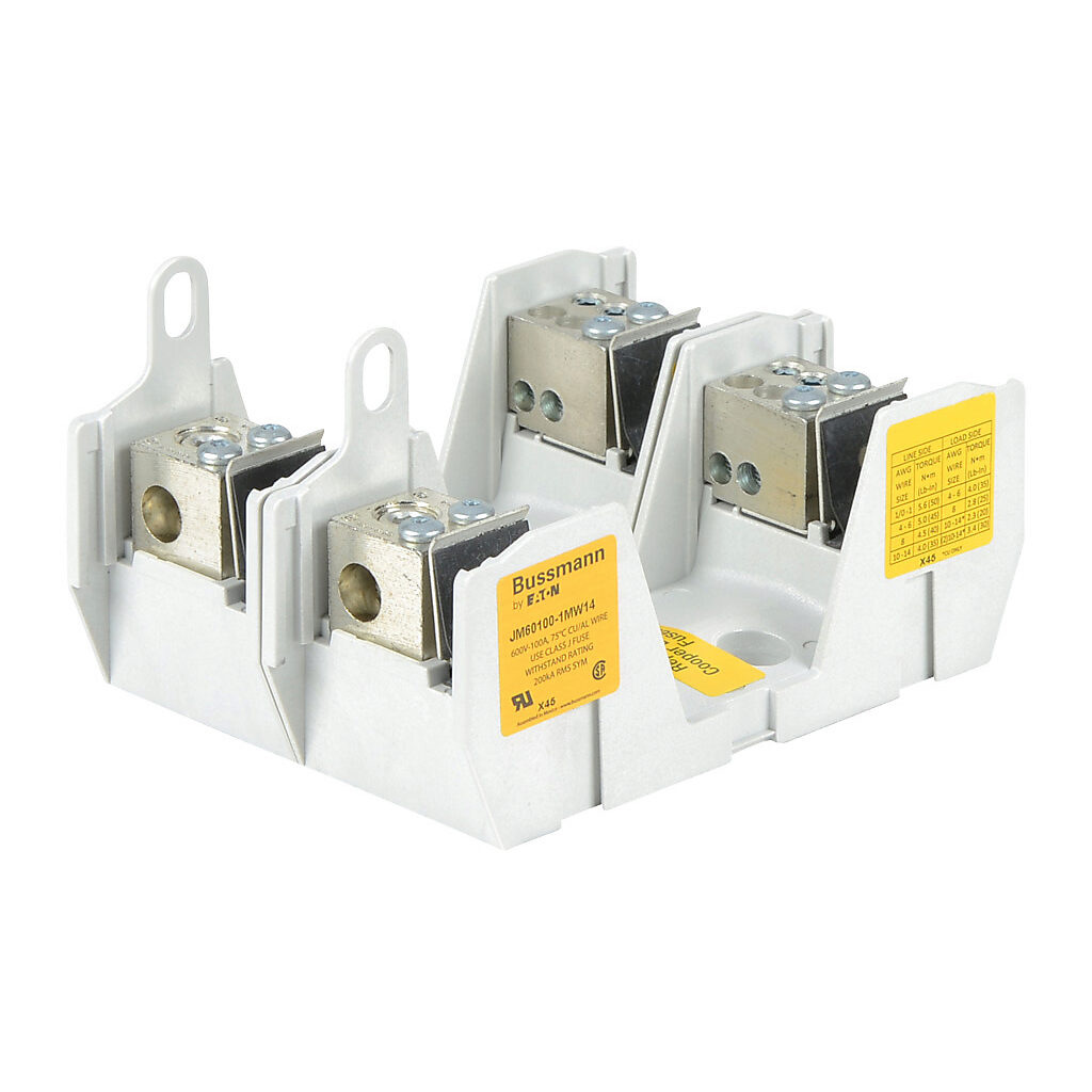 JM60100-1MW14-2 - Bussmann modular power distribution fuse block, multi-wire, accepts J fuses, 100A, 600V, 2-pole, 1 line/4 load opening(s) per pole, box lug, panel mount.