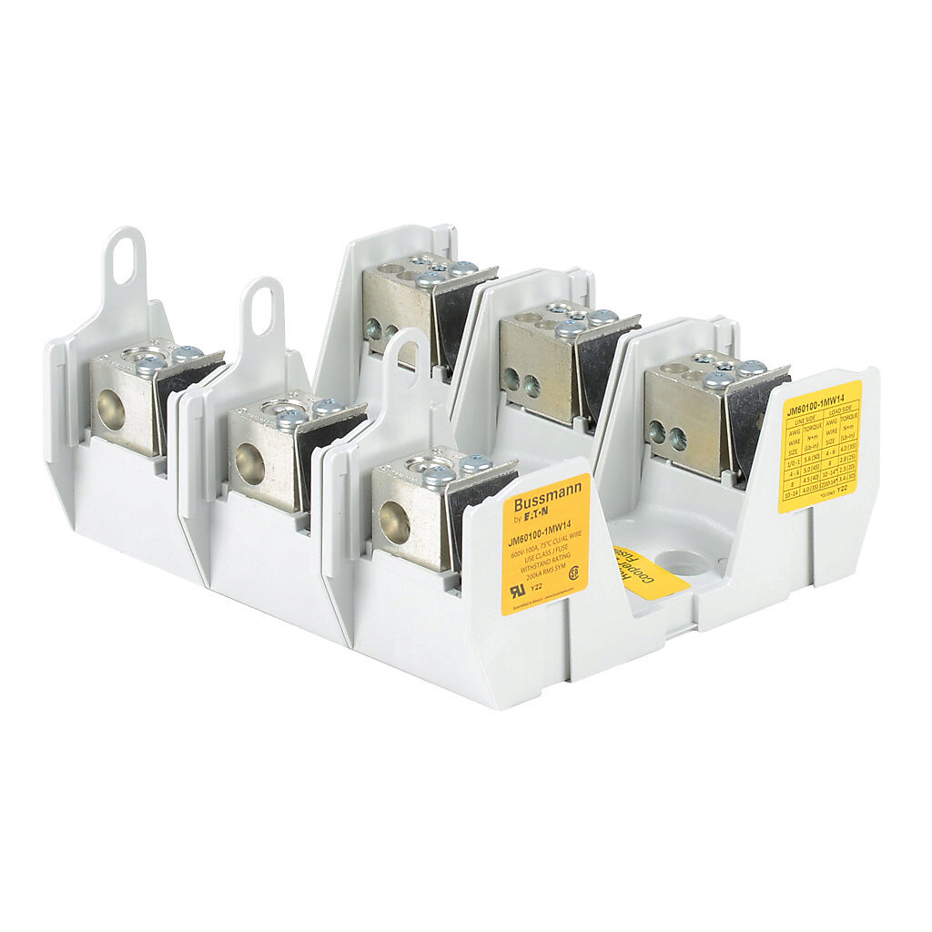 JM60100-1MW14-3 - Bussmann modular power distribution fuse block, multi-wire, accepts J fuses, 100A, 600V, 3-pole, 1 line/4 load opening(s) per pole, box lug, panel mount.