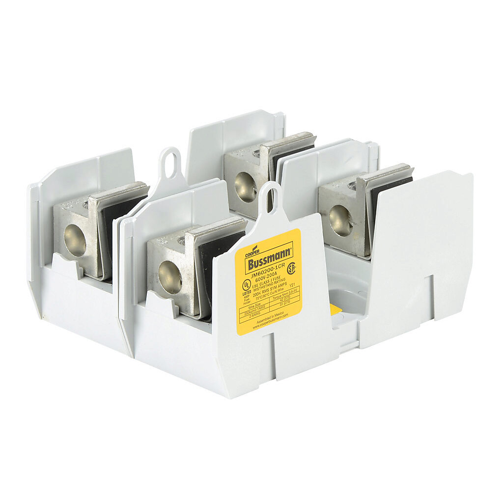 JM60200-1CR-2 - Bussmann modular fuse block, accepts J fuses, 200A, 600V, 2-pole, 6 AWG-250 MCM copper or aluminum, box lug, panel mount.