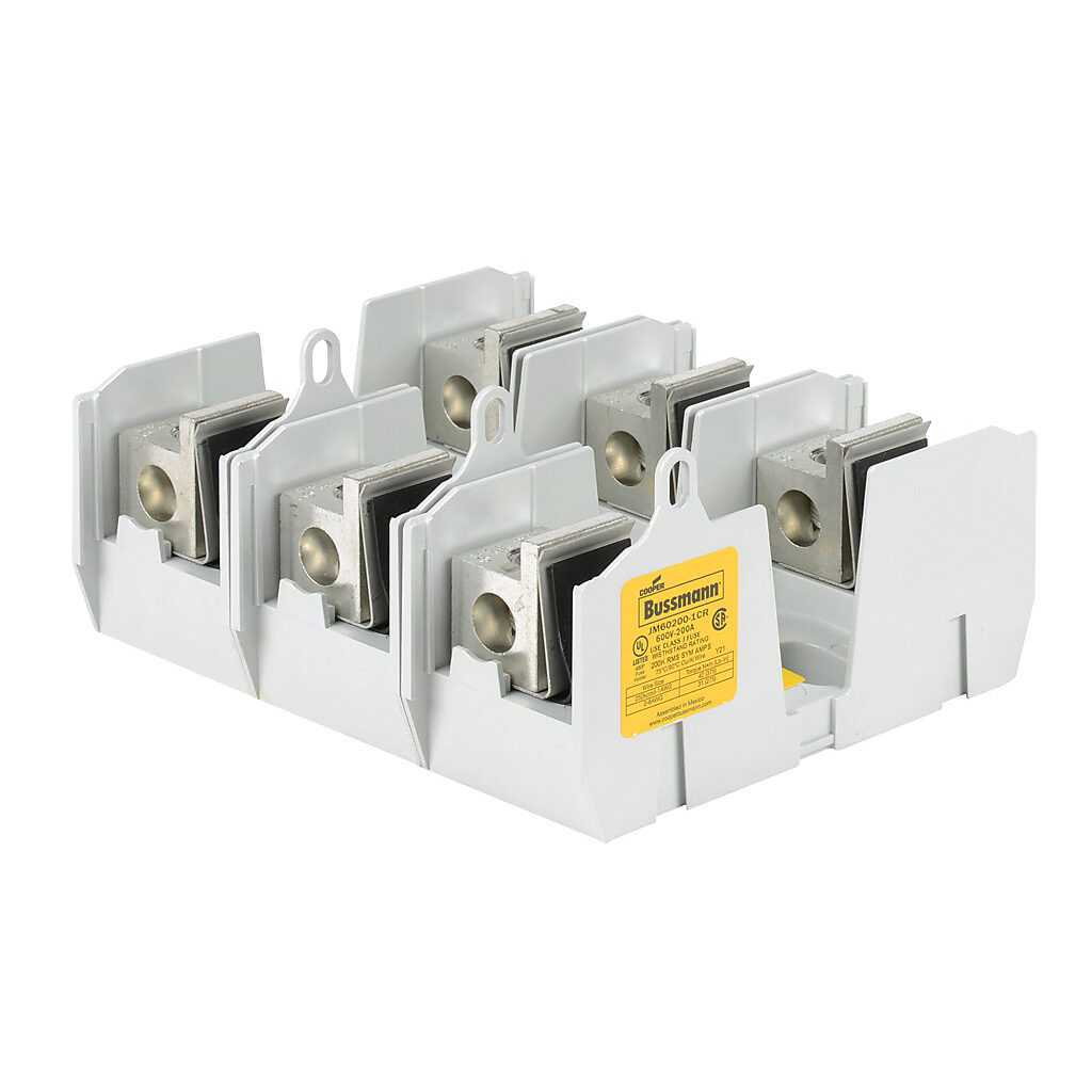 JM60200-1CR-3 - Bussmann modular fuse block, accepts J fuses, 200A, 600V, 3-pole, 6 AWG-250 MCM copper or aluminum, box lug, panel mount.
