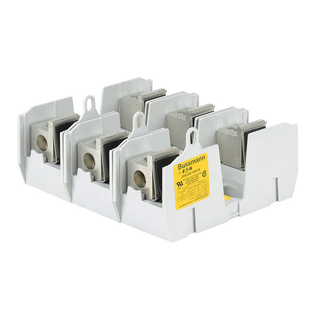 JM60200-1MW16-3 - Bussmann modular power distribution fuse block, multi-wire, accepts J fuses, 200A, 600V, 3-pole, 1 line/6 load opening(s) per pole, box lug, panel mount.