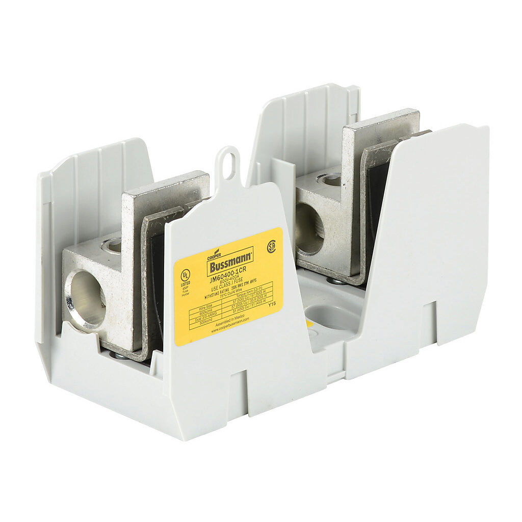 JM60400-1CR-1 - Bussmann modular fuse block, accepts J fuses, 400A, 600V, 1-pole, 4 AWG-600 MCM copper or aluminum, box lug, panel mount.