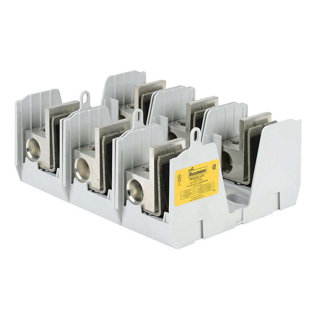 JM60400-1CR-3 - Bussmann modular fuse block, accepts J fuses, 400A, 600V, 3-pole, 4 AWG-600 MCM copper or aluminum, box lug, panel mount.