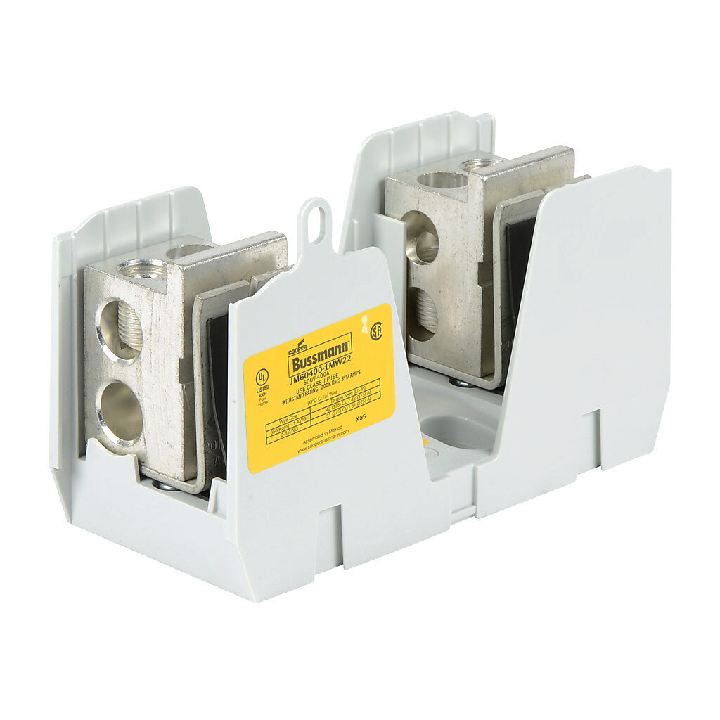 JM60400-1MW22-1 - Bussmann modular fuse block, multi-wire, accepts J fuses, 400A, 600V, 1-pole, 2 line/2 load opening(s) per pole, box lug, panel mount.