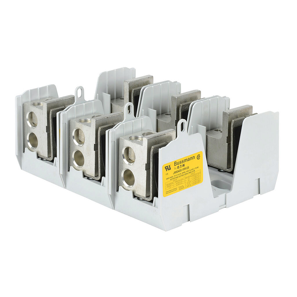 JM60400-1MW26-3 - Bussmann modular power distribution fuse block, multi-wire, accepts J fuses, 400A, 600V, 3-pole, 2 line/6 load opening(s) per pole, box lug, panel mount.
