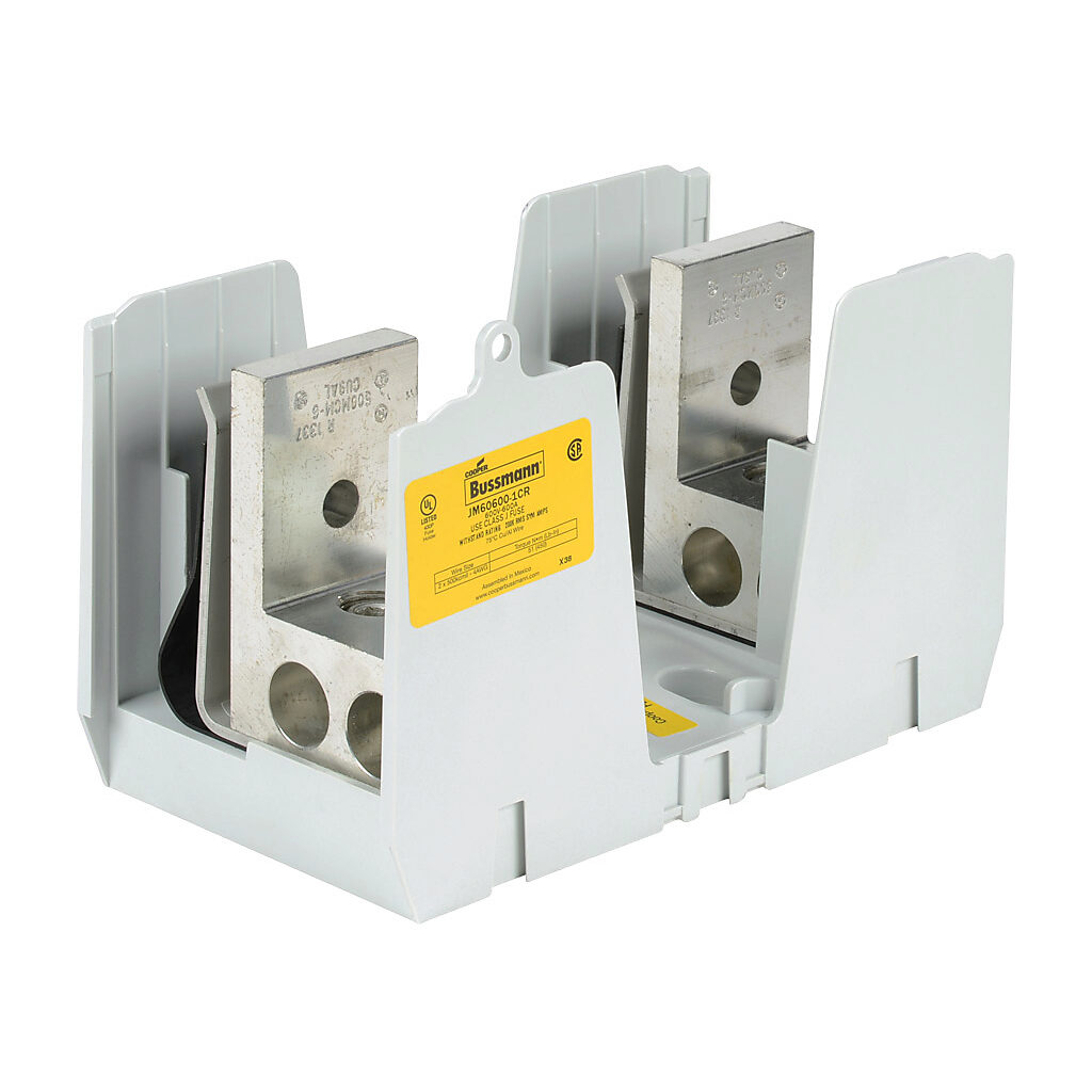 JM60600-1CR-1 - Bussmann modular fuse block, accepts J fuses, 600A, 600V, 1-pole, 2 line/2 load opening(s) per pole, (2) 4 AWG-500 MCM copper or aluminum, box lug, panel mount.