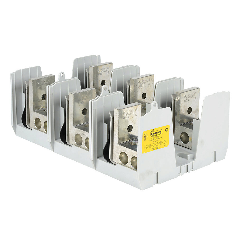 JM60600-1CR-3 - Bussmann modular fuse block, accepts J fuses, 600A, 600V, 3-pole, 2 line/2 load opening(s) per pole, (2) 4 AWG-500 MCM copper or aluminum, box lug, panel mount.