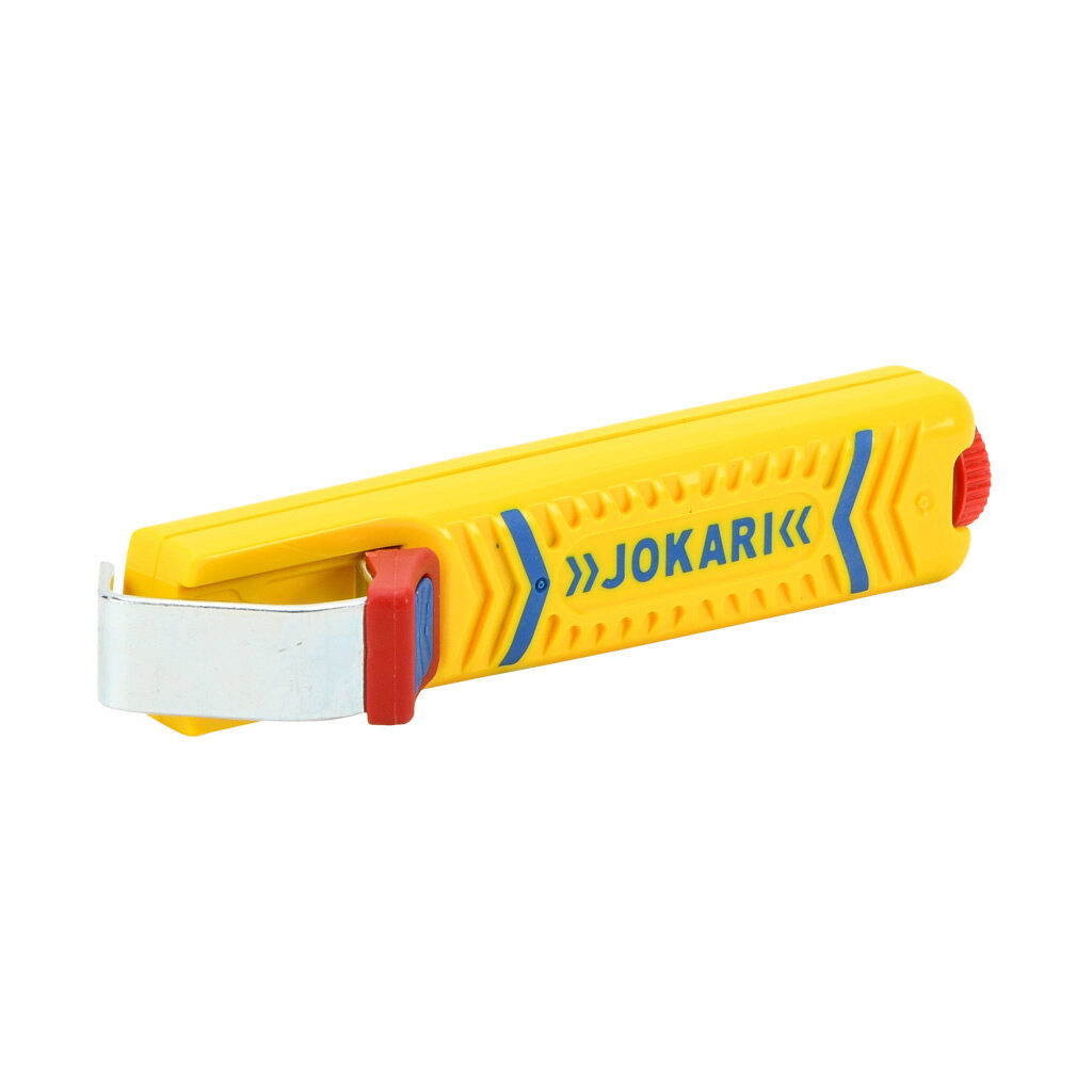 JT10270 - JOKARI heavy duty stripping tool, compatible with round cable, non-slip grip, adjustable depth blade, 0.32-1.10in cable stripping capacity. Replacement blade included.