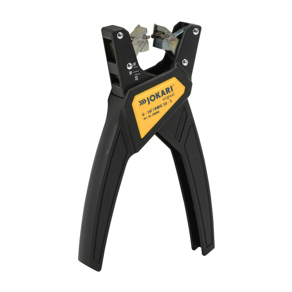 JT20090 - JOKARI automatic stripping tool, compatible with round wire, non-slip grip, self-adjusting, 10-5 AWG wire stripping capacity.