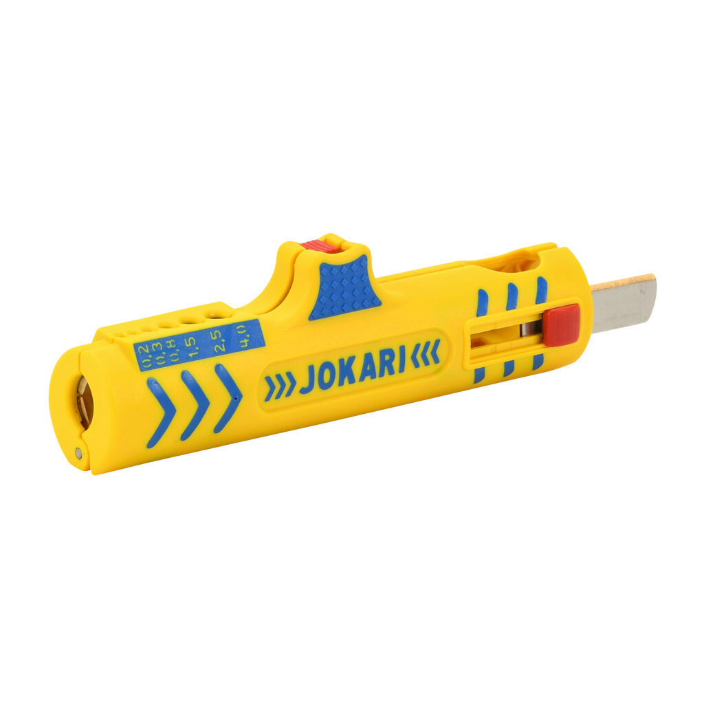 JT30155 - JOKARI multi-purpose cutting and stripping tool, compatible with round cable and round wire, non-slip grip, slide-out blade, 0.31-0.50in cable stripping capacity, 24-12 AWG wire stripping capacity.