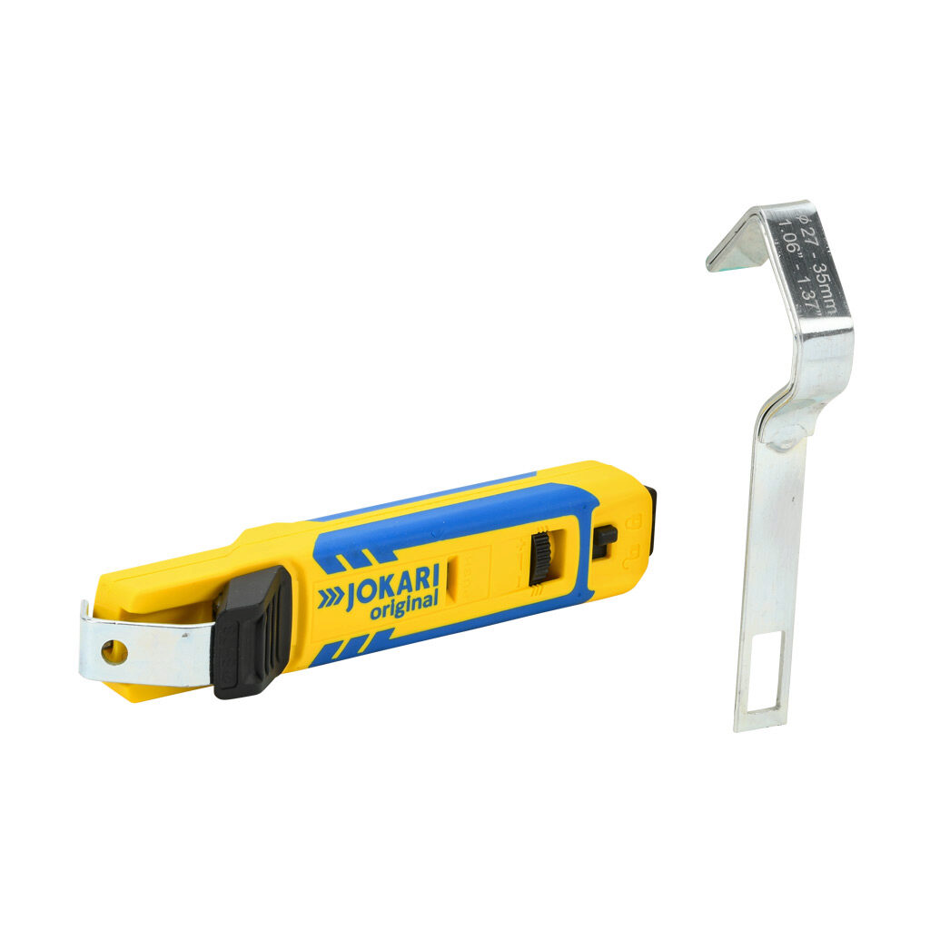 JT70000 - JOKARI heavy duty stripping tool, compatible with round cable, non-slip grip, adjustable depth hook blade, 0.31-1.38in cable stripping capacity. Replaceable large diameter cable bracket and replacement blade included.