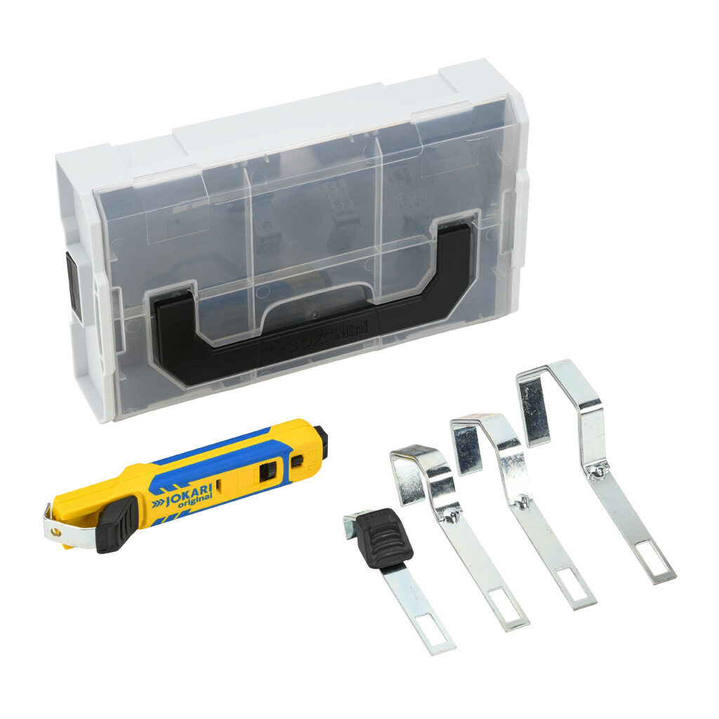 JT71000 - JOKARI heavy duty stripping tool set, compatible with round cable, non-slip grip, adjustable depth hook blade, 0.16-2.75in cable stripping capacity. 5 replaceable cable brackets, replacement blade and storage case included.