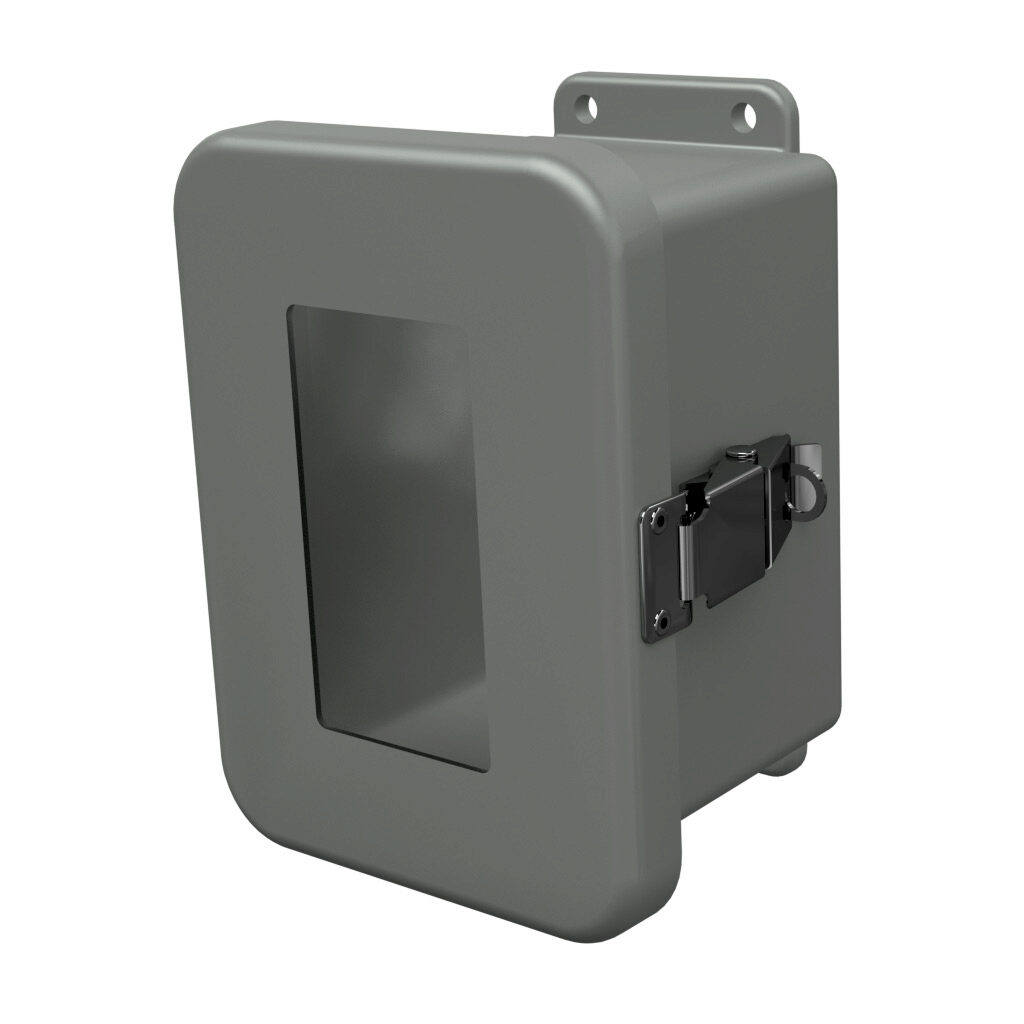 JW604HPL - Stahlin JW series enclosure, NEMA 1/3R/4X/6P/12, 6 x 4 x 4in (HxWxD), wall mount, fiberglass reinforced polyester, gray, single-door, quick-release latch, padlock hasp and staple, integral mounting flange, SAR acrylic window.