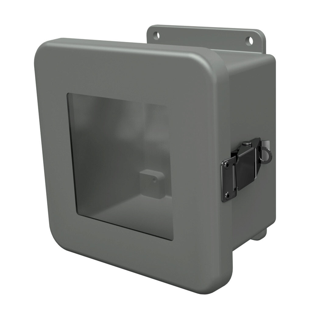 JW606HPL - Stahlin JW series enclosure, NEMA 1/3R/4X/6P/12, 6 x 6 x 4in (HxWxD), wall mount, fiberglass reinforced polyester, gray, single-door, quick-release latch, padlock hasp and staple, integral mounting flange, SAR acrylic window.