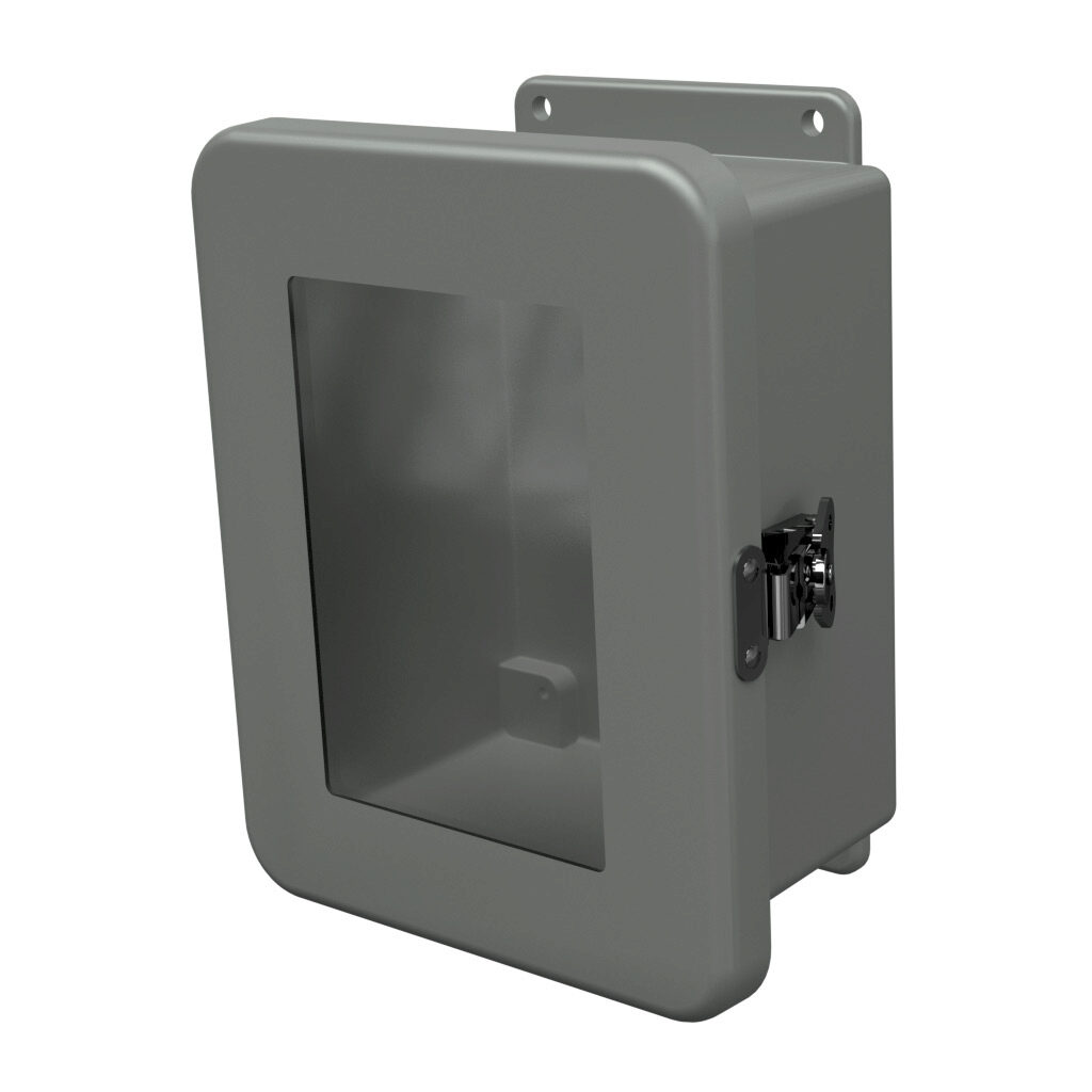 JW806HLL - Stahlin JW series enclosure, NEMA 1/3R/4X/6P/12, 8 x 6 x 4in (HxWxD), wall mount, fiberglass reinforced polyester, gray, single-door, twist-lock latch, integral mounting flange, SAR acrylic window.