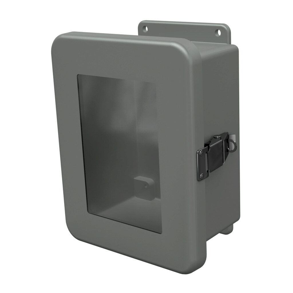 JW806HPL - Stahlin JW series enclosure, NEMA 1/3R/4X/6P/12, 8 x 6 x 4in (HxWxD), wall mount, fiberglass reinforced polyester, gray, single-door, quick-release latch, padlock hasp and staple, integral mounting flange, SAR acrylic window.