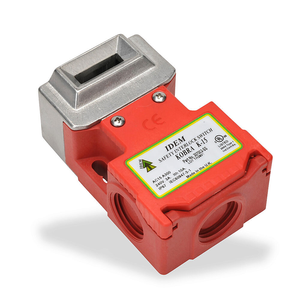 K-15-207002-SS - IDEM safety switch, tongue (key) interlock, 180-degree adjustable head, (2) N.C. safety output(s), (1) N.O. monitoring output(s), 54 x 91 x 37mm, plastic body, 316 stainless steel head.