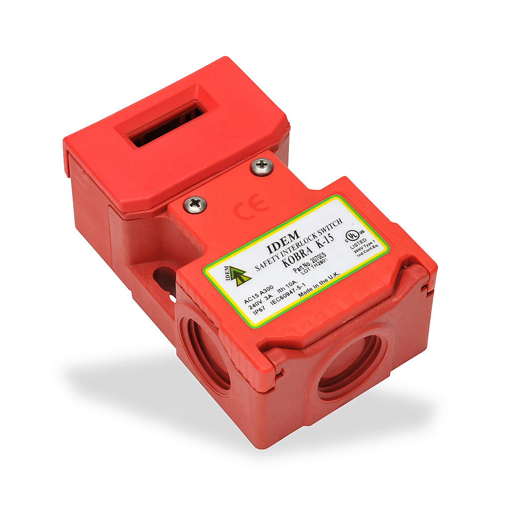 K-15-207005 - IDEM safety switch, tongue (key) interlock, 180-degree adjustable head, (3) N.C. safety output(s), 54 x 88 x 34mm, plastic body, plastic head.