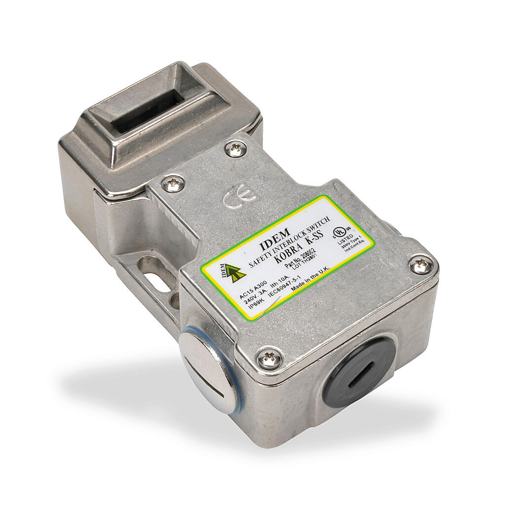 K-SS-208002 - IDEM safety switch, tongue (key) interlock, 180-degree adjustable head, (2) N.C. safety output(s), (1) N.O. monitoring output(s), 58 x 104 x 37mm, 316 stainless steel body, 316 stainless steel head.