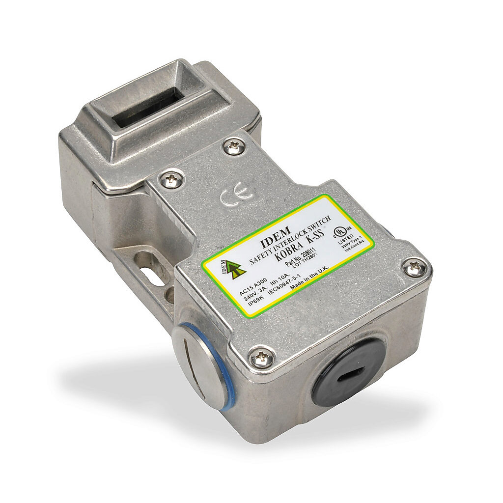 K-SS-208011 - IDEM safety switch, tongue (key) interlock, 180-degree adjustable head, (2) N.C. safety output(s), (2) N.O. monitoring output(s), 58 x 104 x 37mm, 316 stainless steel body, 316 stainless steel head.