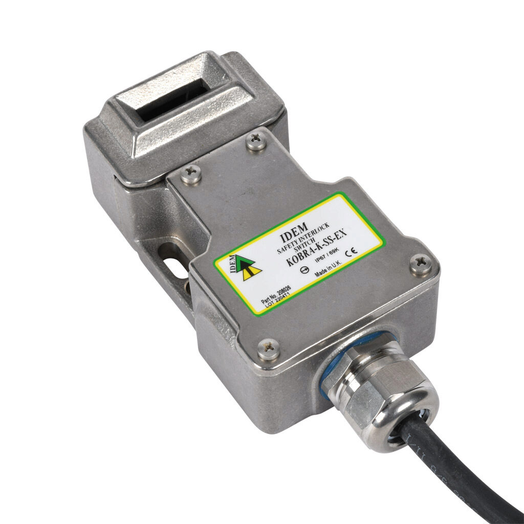 K-SS-EX-208026 - IDEM safety switch, tongue (key) interlock, hazardous location rated, 180-degree adjustable head, (2) N.C. safety output(s), (2) N.O. monitoring output(s), 58 x 104 x 37mm, 316 stainless steel body, 316 stainless steel head.