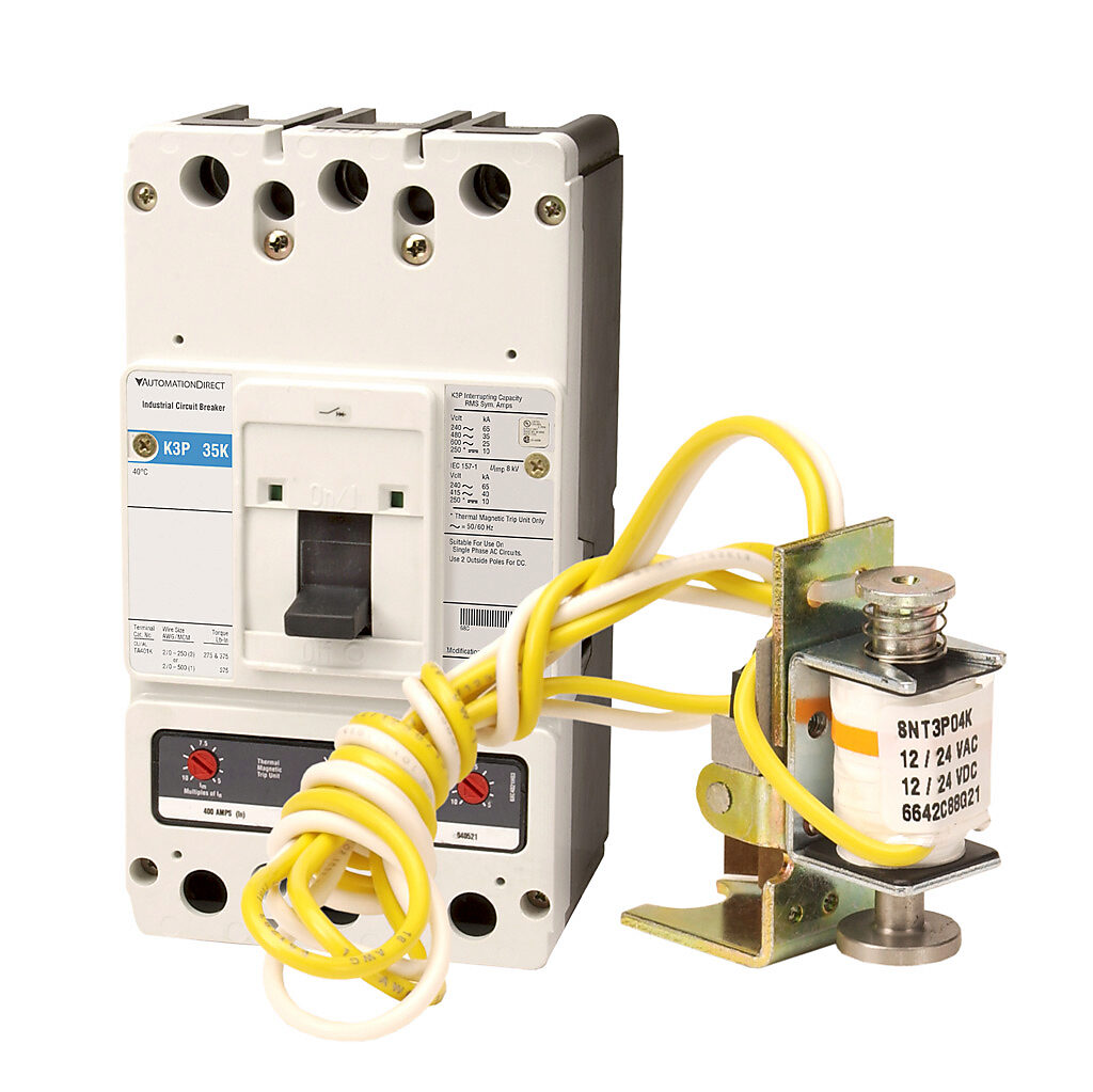 AutomationDirect K3P-300-STAC - Eaton molded case circuit breaker, 400A frame, 300A, 600 VAC/250 VDC, 3-pole, characteristics, thermal magnetic, 35kA @ 480 VAC interrupting rating, panel mount. Line and load lug terminals and factory installed 1...