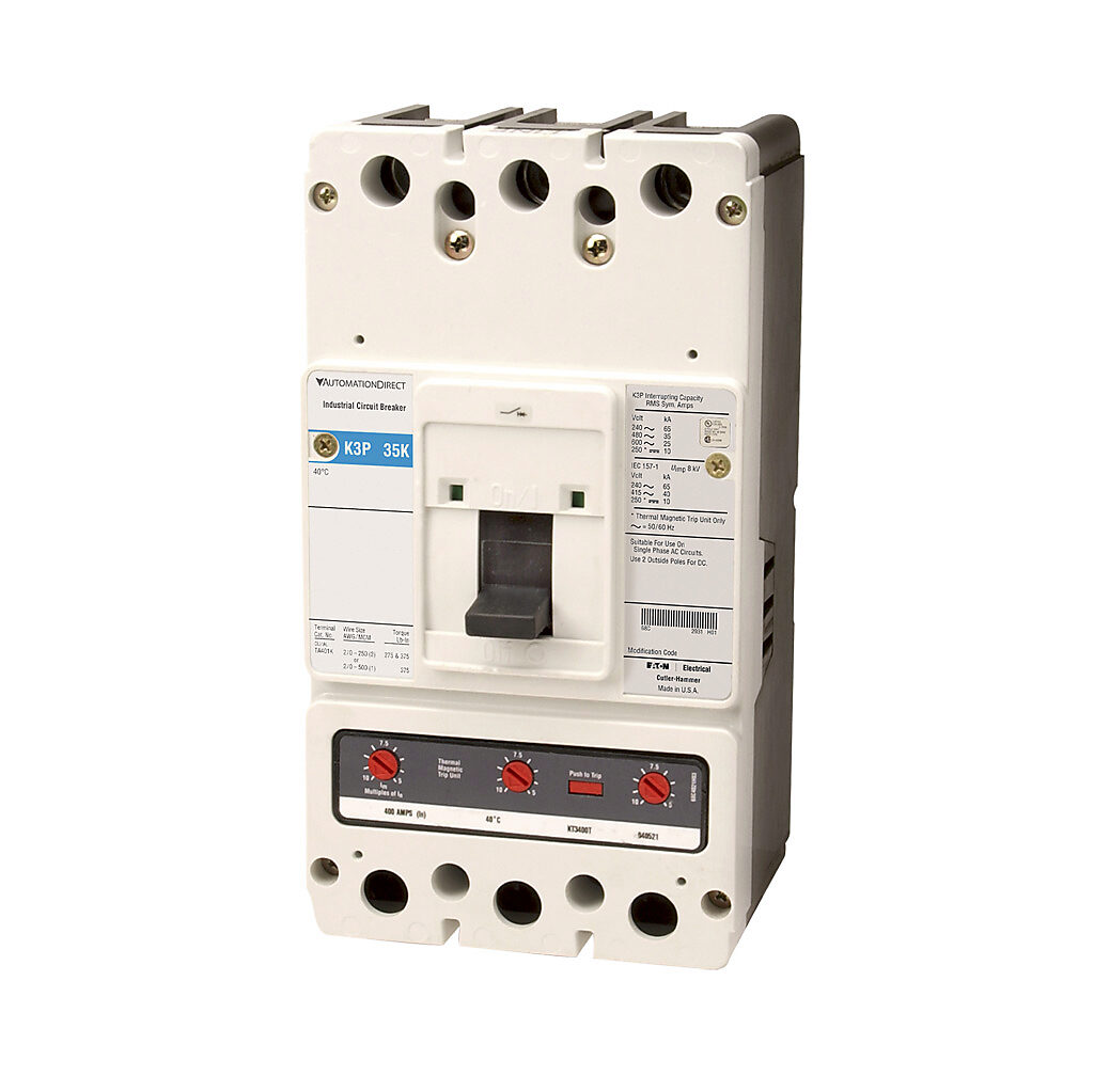 AutomationDirect K3P-350 - Eaton molded case circuit breaker, 400A frame, 350A, 600 VAC/250 VDC, 3-pole, characteristics, thermal magnetic, 35kA @ 480 VAC interrupting rating, panel mount. Line and load lug terminals included.