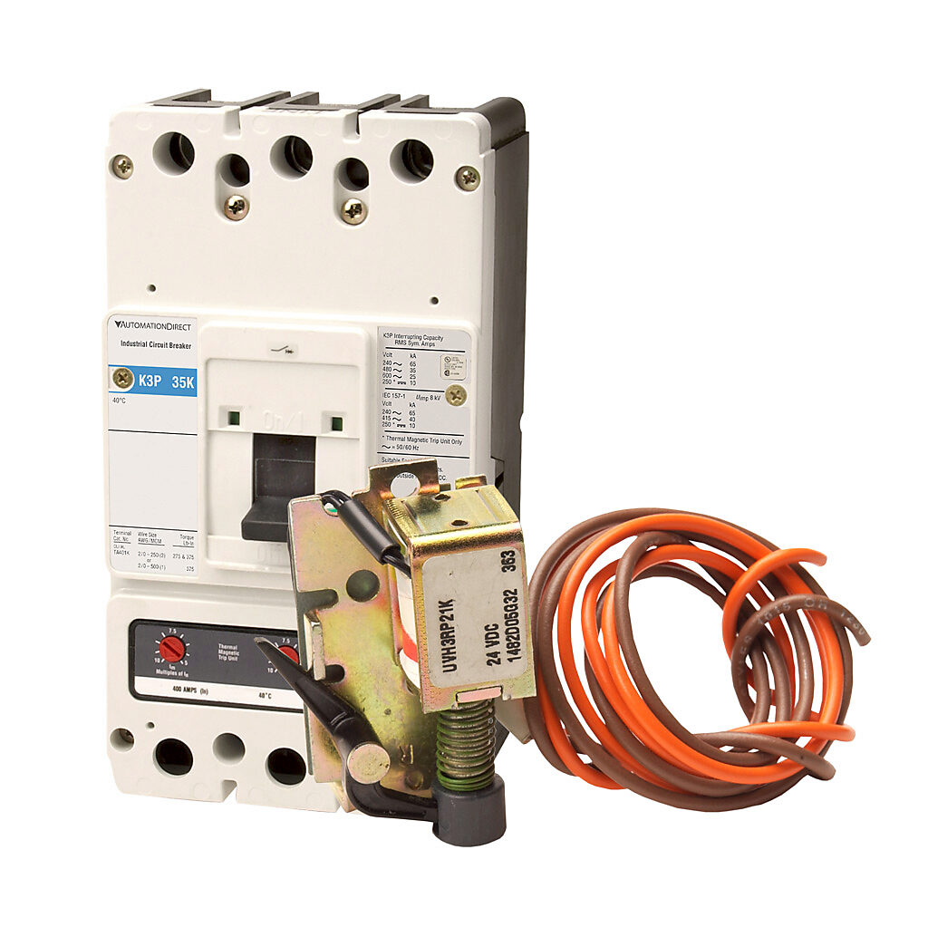 AutomationDirect K3P-350-UVDC - Eaton molded case circuit breaker, 400A frame, 350A, 600 VAC/250 VDC, 3-pole, characteristics, thermal magnetic, 35kA @ 480 VAC interrupting rating, panel mount. Line and load lug terminals and factory installed 2...