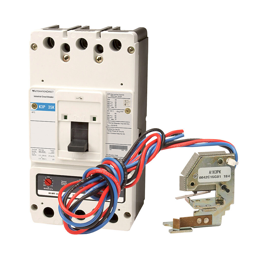 AutomationDirect K3P-400-AUX - Eaton molded case circuit breaker, 400A frame, 400A, 600 VAC/250 VDC, 3-pole, characteristics, thermal magnetic, 35kA @ 480 VAC interrupting rating, panel mount. Line and load lug terminals and factory installed au...