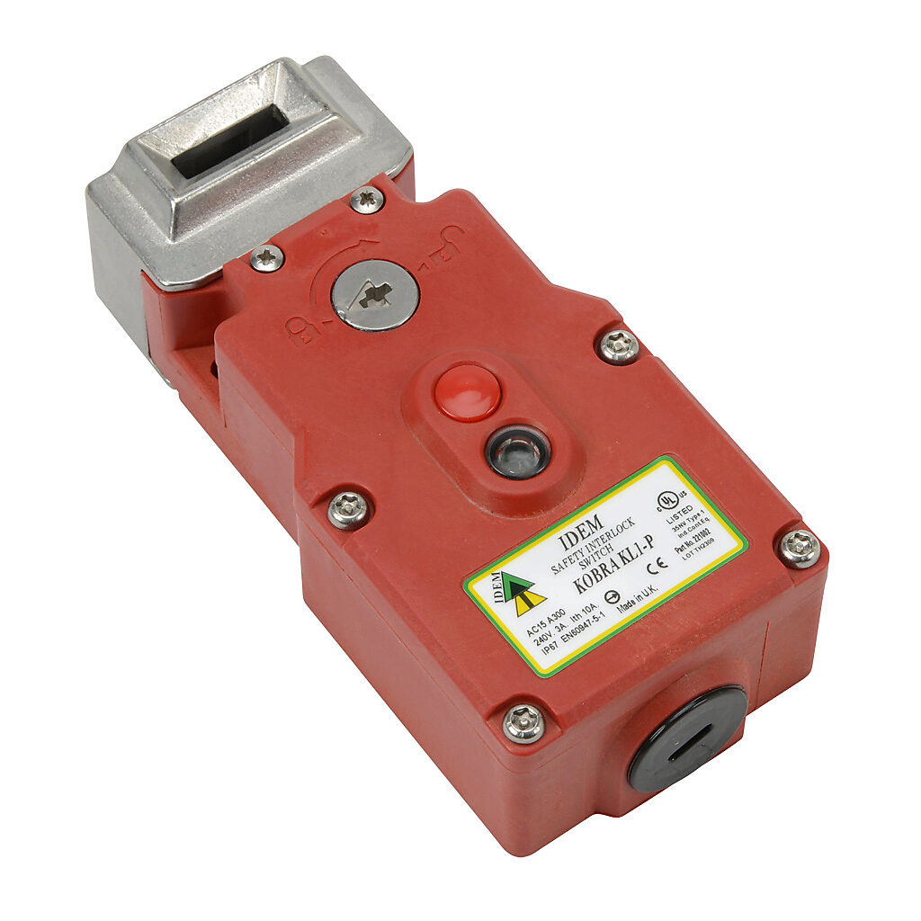 KL1-P-221002 - IDEM safety switch, tongue (key) interlock, solenoid, 24 VAC/VDC to unlock, 180-degree adjustable head, 1400N holding force, (2) N.C. safety output(s), (2) N.O. monitoring output(s), plastic body, (1) 1/2in NPT cable entry.