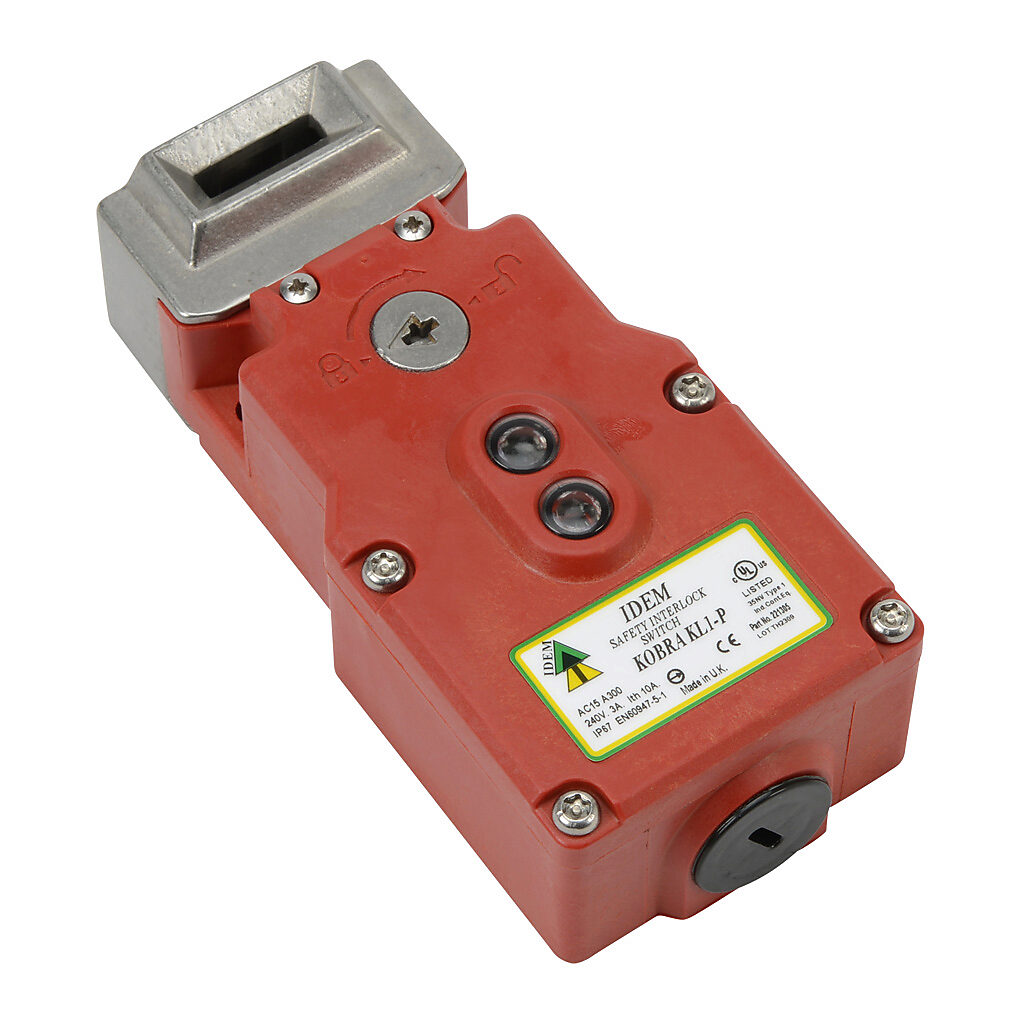 KL1-P-221305 - IDEM safety switch, tongue (key) interlock, solenoid, 110 VAC to unlock, 180-degree adjustable head, 1400N holding force, (2) N.C. safety output(s), (1) N.O. monitoring output(s), plastic body, (1) 1/2in NPT cable entry.