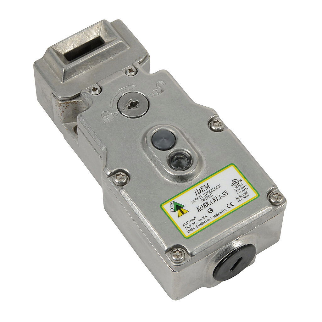 KL1-SS-220005 - IDEM safety switch, tongue (key) interlock, solenoid, 110 VAC to unlock, 180-degree adjustable head, 1600N holding force, (2) N.C. safety output(s), (2) N.O. monitoring output(s), 316 stainless steel body, (1) 1/2in NPT cable entry.