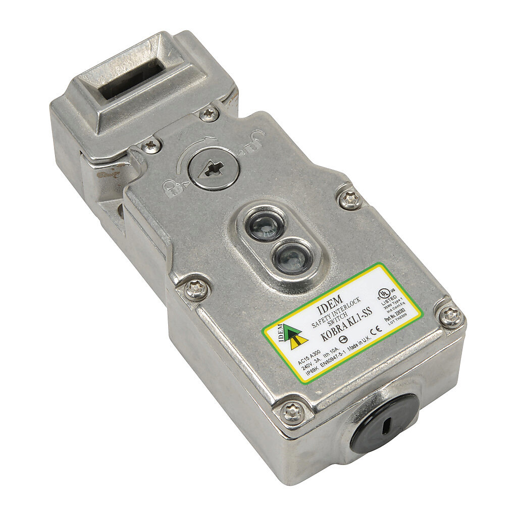 KL1-SS-220302 - IDEM safety switch, tongue (key) interlock, solenoid, 24 VAC/VDC to unlock, 180-degree adjustable head, 1600N holding force, (2) N.C. safety output(s), (1) N.O. monitoring output(s), 316 stainless steel body, (1) 1/2in NPT cable en...