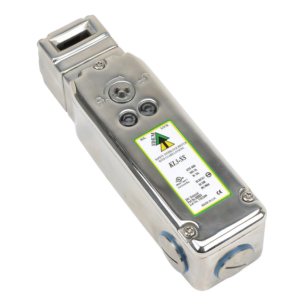 KL3-SS-205002 - IDEM safety switch, tongue (key) interlock, solenoid, 24 VAC/VDC to unlock, 90-degree adjustable head, 2000N holding force, (4) N.C. safety output(s), (1) N.O. monitoring output(s), 316 stainless steel body, (3) 1/2in NPT cable ent...