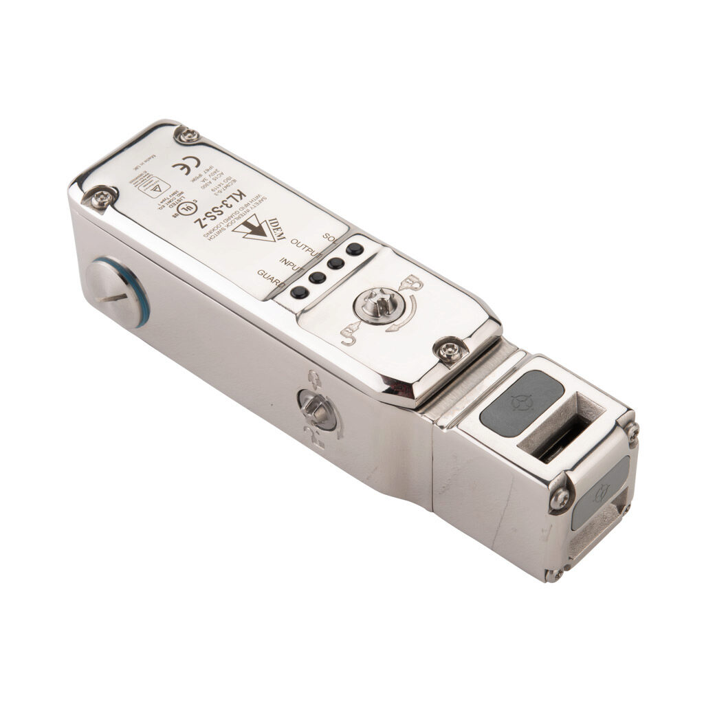 KL3-SS-Z-456002AZ - IDEM safety switch, tongue (key) interlock uniquely coded RFID, solenoid, 24 VDC to unlock, 90-degree adjustable head, 3000N holding force, (1) pair OSSD safety output(s), (2) status monitoring output(s), 316 stainless steel bo...