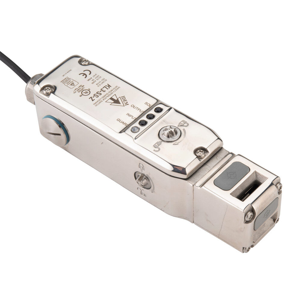 KL3-SS-Z-456003AZ - IDEM safety switch, tongue (key) interlock uniquely coded RFID, solenoid, 24 VDC to unlock, 90-degree adjustable head, 3000N holding force, (1) pair OSSD safety output(s), (2) status monitoring output(s), 316 stainless steel bo...