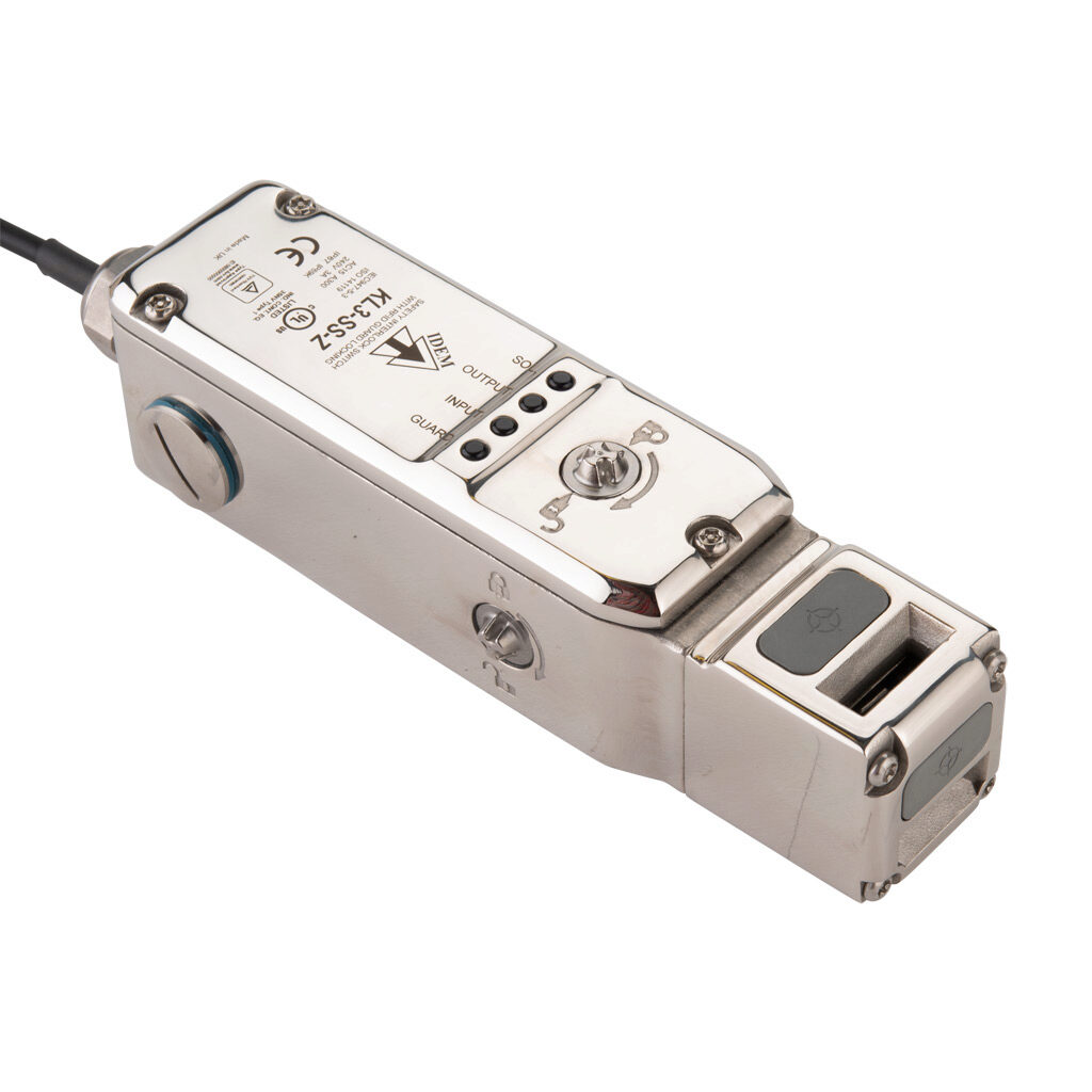 KL3-SS-Z-456003HFZ - IDEM safety switch, flexible tongue (key) interlock uniquely coded RFID, solenoid, 24 VDC to unlock, 90-degree adjustable head, 3000N holding force, (1) pair OSSD safety output(s), (2) status monitoring output(s), 316 stainles...