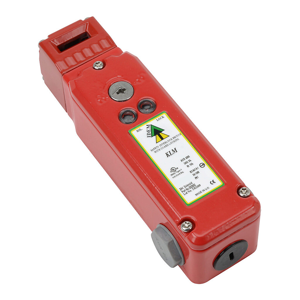 KLM-202002 - IDEM safety switch, tongue (key) interlock, solenoid, 24 VAC/VDC to unlock, 90-degree adjustable head, 2000N holding force, (4) N.C. safety output(s), (1) N.O. monitoring output(s), die-cast aluminum body, (3) 1/2in NPT cable entries.