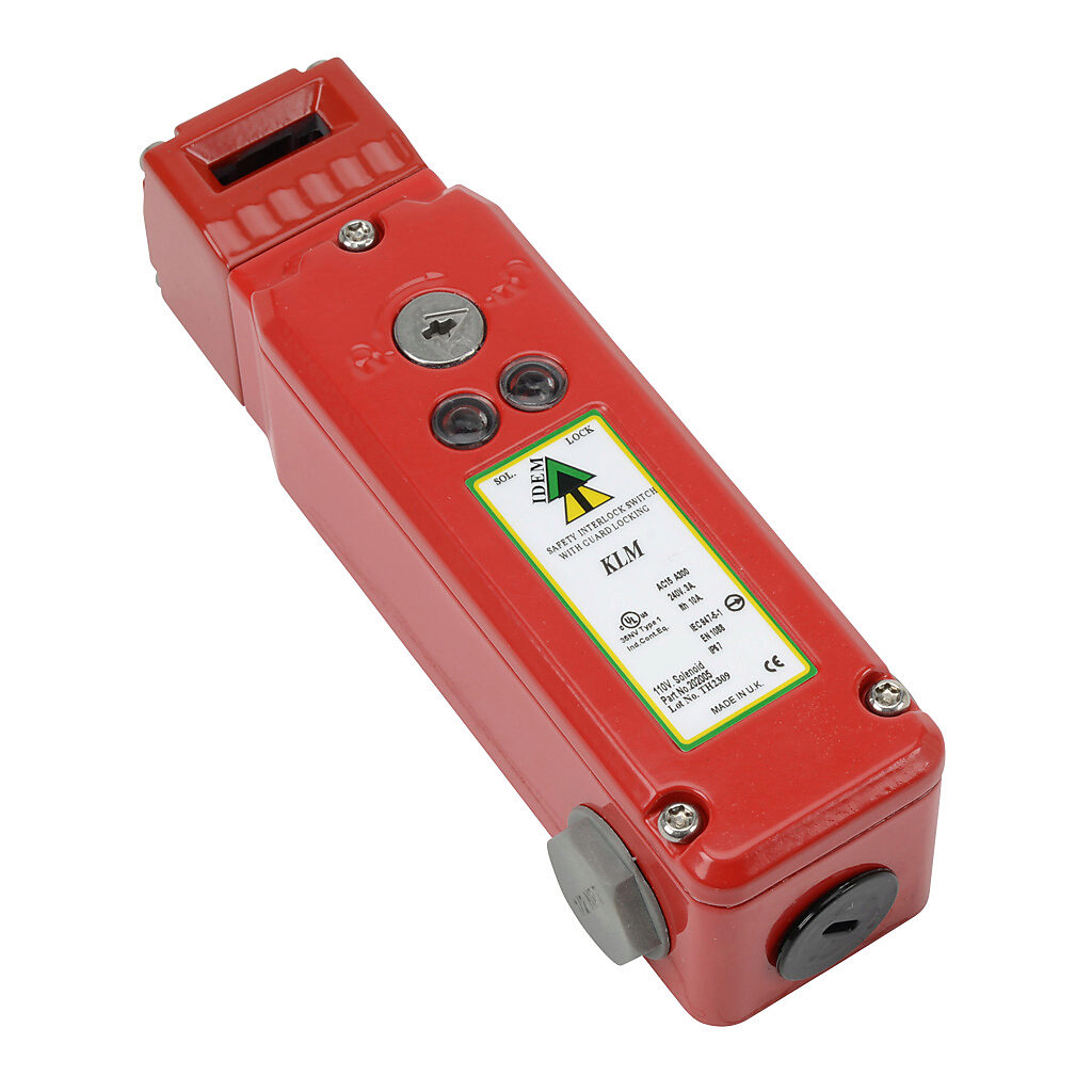 KLM-202005 - IDEM safety switch, tongue (key) interlock, solenoid, 110 VAC to unlock, 90-degree adjustable head, 2000N holding force, (4) N.C. safety output(s), (1) N.O. monitoring output(s), die-cast aluminum body, (3) 1/2in NPT cable entries.
